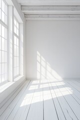 Fototapeta premium A white room with a white wooden floor, white walls, and a window on the left side. 