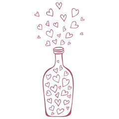 Romantic Bottle with Hearts. Line Art Illustration.