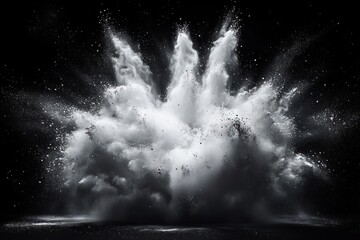 White Powder Explosion Dramatic Contrast Black Background Surrealist Style Texture Color Burst Celebration Creativity
