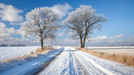 Obraz premium Frosty Trees Frame Snowy Winter Road Scene