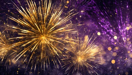 Naklejka premium Spectacular Gold and Dark Violet Fireworks Illuminate the Night Sky on New Years Eve, Creating a Stunning Bokeh Effect with Ample Copy Space for Your Celebratory Messages and Greetings