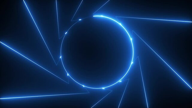 3D render, Neon glowing blue and purple laser beam circle with floor reflection on black blackground 
