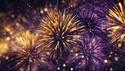 Naklejka premium Stunning Gold and Dark Violet Fireworks Illuminate the Night Sky on New Years Eve A Breathtaking Abstract Background with Bokeh Effects and Ample Copy Space for Your Creative Projects