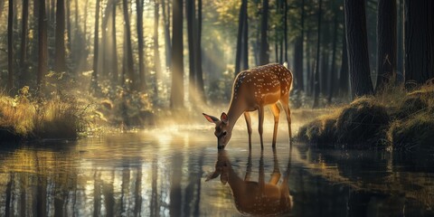 Deer Drinking from a Forest Stream in Morning Light