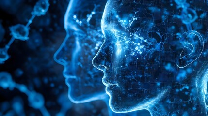 Futuristic AI: Network of Humanoid Heads in Profile, Glowing Blue Abstract Digital Concept