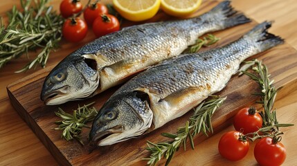 Fresh fish with rosemary and lemon on a rustic wooden board, styled for culinary inspiration, targeting cooking enthusiasts and chefs.