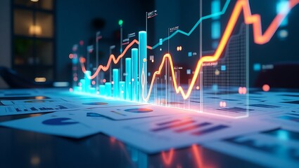 Financial analysis paperwork with bar graphs and pie charts, 3D illustration, flat design, top view, business finance theme, colored pastel, eco, sustainbility