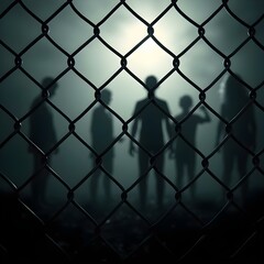 Fototapeta premium Chainlink fence with shadowy figures behind it, human trafficking, captivity