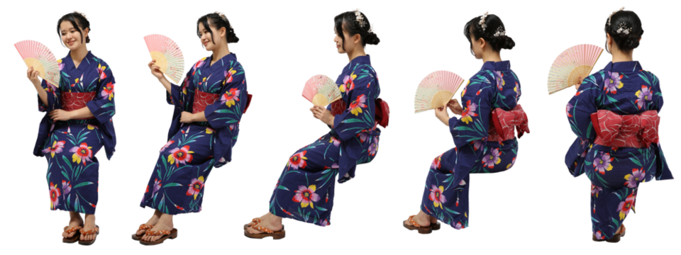 浴衣-着物-女性が扇子を持って座る
