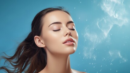 Naklejka premium Side view of a serene woman with closed eyes, glowing skin, and flowing hair against a soft blue backdrop with gentle mist and water droplets