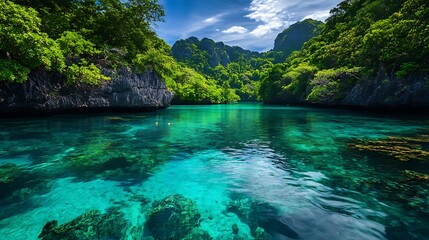 calm lagoon crystal clear water lush green vegetation