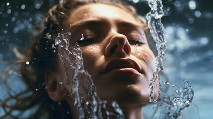Obraz premium Close-up of a woman serene face with closed eyes, framed by flowing water streams, illuminated by soft, moody lighting against a blurred background