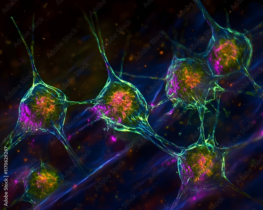 Poster microscopic view of vibrant neurons forming a neural network, connecting and communicating. detailed
