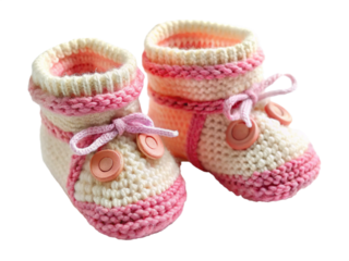 Handmade knitted baby booties t on white background