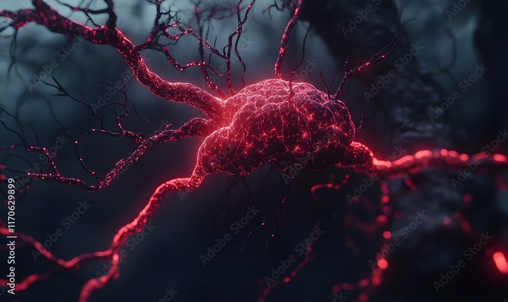 Poster glowing red neuron cell with intricate dendrites.