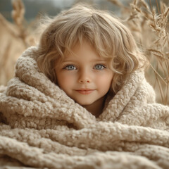 Adorable child wrapped in fluffy blanket outdoors