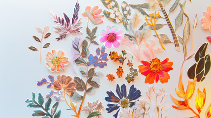 Vibrant botanical collage with colorful floral illustrations on white background