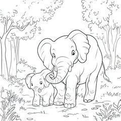 Obraz premium Simple Coloring Page: Adult and Baby Elephant Illustration, Perfect for Kids, Preschool, Toddlers, Educational, Fun