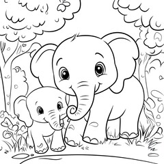 Fototapeta premium Simple Coloring Page: Adult and Baby Elephant Illustration, Five Variations