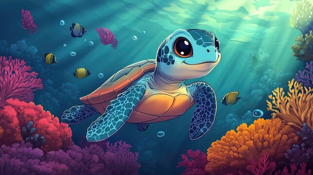 Adorable baby sea turtle swimming in vibrant coral reef.