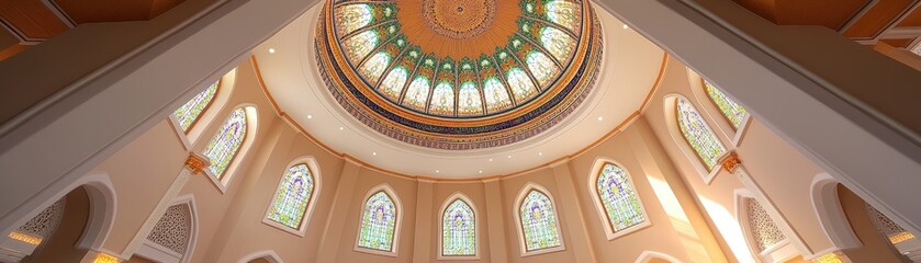 Obraz premium A beautifully designed dome interior with stained glass windows, showcasing architectural elegance.