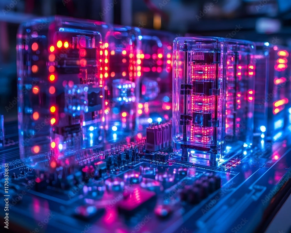 Poster close-up of illuminated circuit board with glowing components