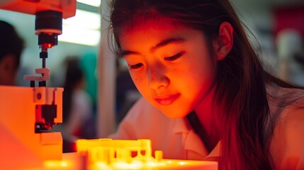 Young female student using 3D printer in a science lab