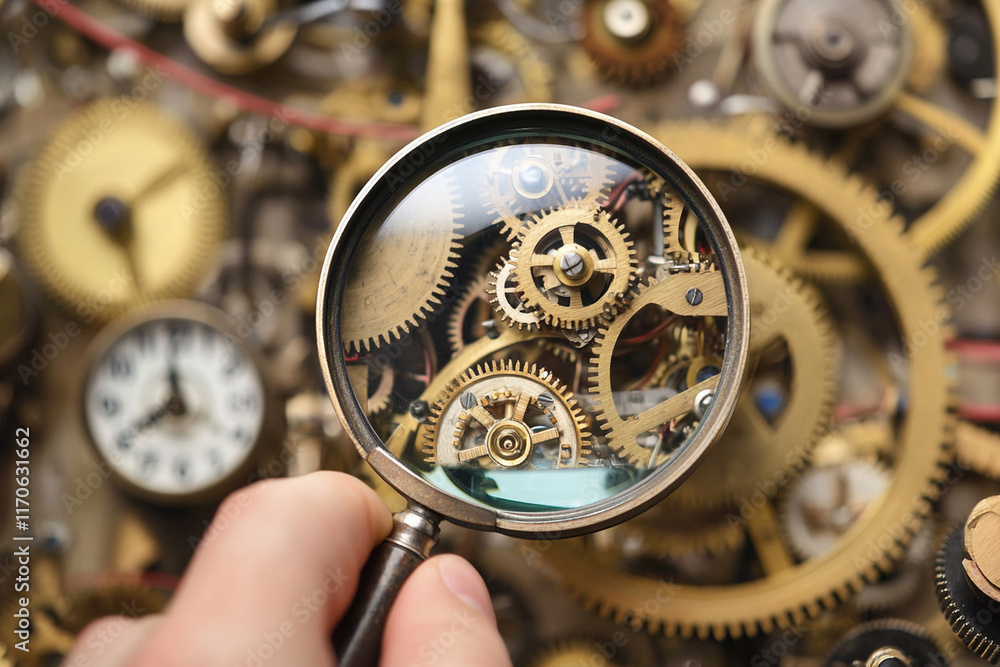 Poster examining clock gears with a magnifier