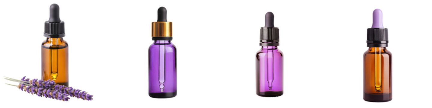 Assortment of glass bottles and vials containing natural plant based cosmetic healthcare and wellness products such as essential oils serums extracts and herbal remedies