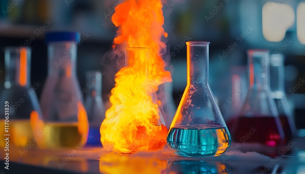 Poster close-up of a science experiment in a laboratory with colorful liquids and fire