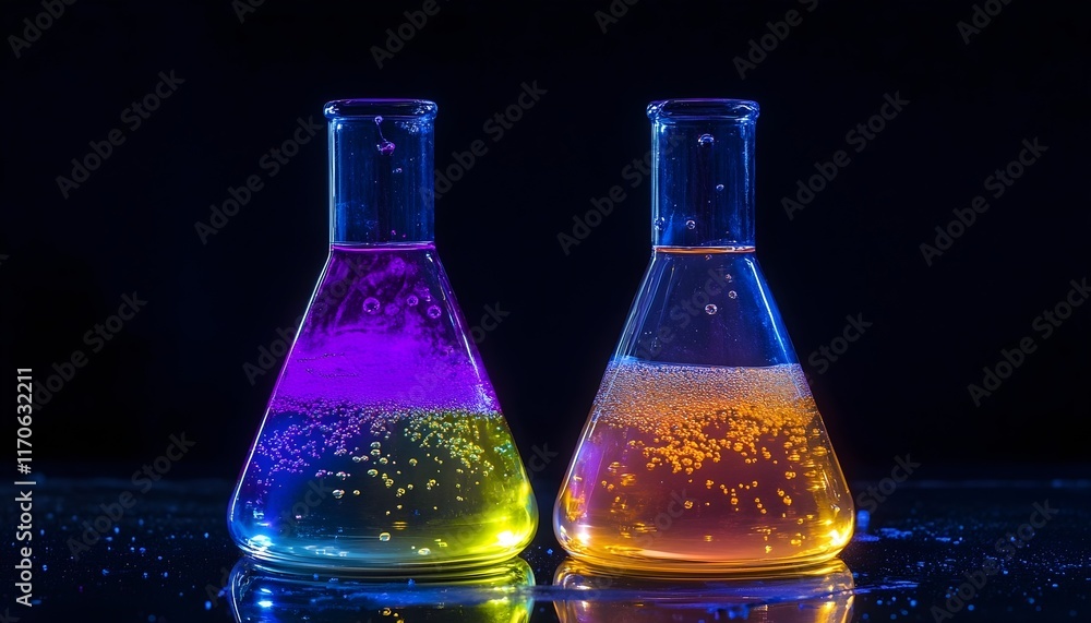 Poster close-up of two erlenmeyer flasks filled with colorful liquids undergoing a chemical reaction in a d