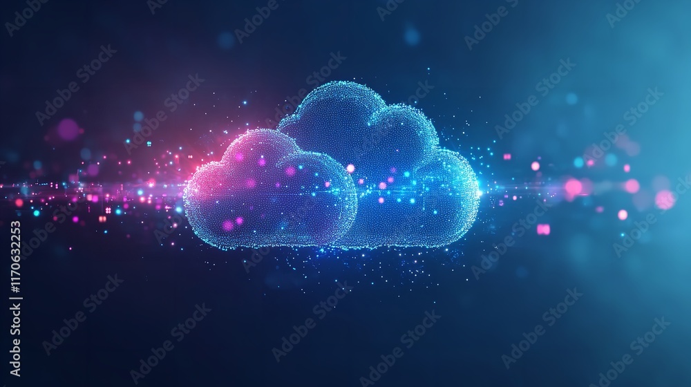 Aufkleber abstract digital cloud network technology data particles blue pink glow web light space cyber future