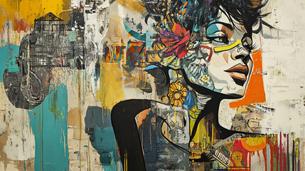 Vibrant street art blends vivid colors and intricate patterns to create an expressive portrait