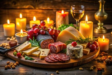 Dark and delicious: Gourmet cheese and salami platter, styled for a captivating night.