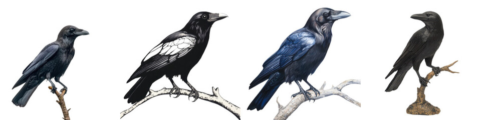 Fototapeta premium Majestic black birds such as ravens crows and jackdaws perched gracefully on bare branches in a natural atmospheric setting with a moody gloomy and mysterious vibe