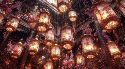 Fototapeta premium Vibrant lanterns adorned with flowers create a magical, enchanting atmosphere indoors.