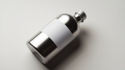 High Angle Shot of Stainless Steel Water Bottle on Wooden Table - Hydration Essential