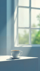 Obraz premium Coffee cup on a white table by the window with soft morning light