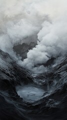 Volcanic eruption steam rising from crater.