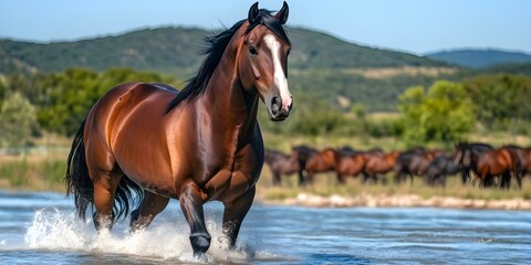 Obraz premium A brown horse splashes through water, with a herd of horses visible in the background against a scenic landscape. Concept Brown Horse Adventure, Water Splashing, Scenic Landscape, Herd of Horses