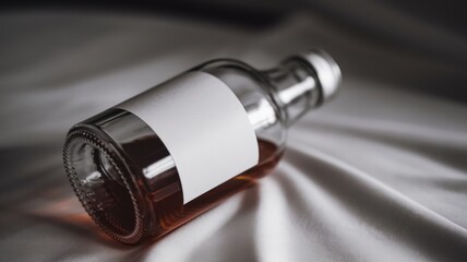 Vibrant low angle shot of glass bottle with colorful liquid on white background