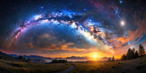 Naklejka premium Captivating Low Light Photography of a Stunning Galaxy and Stars Above a Serene Landscape, Perfect for Astrophotography Lovers and Cosmic Enthusiasts