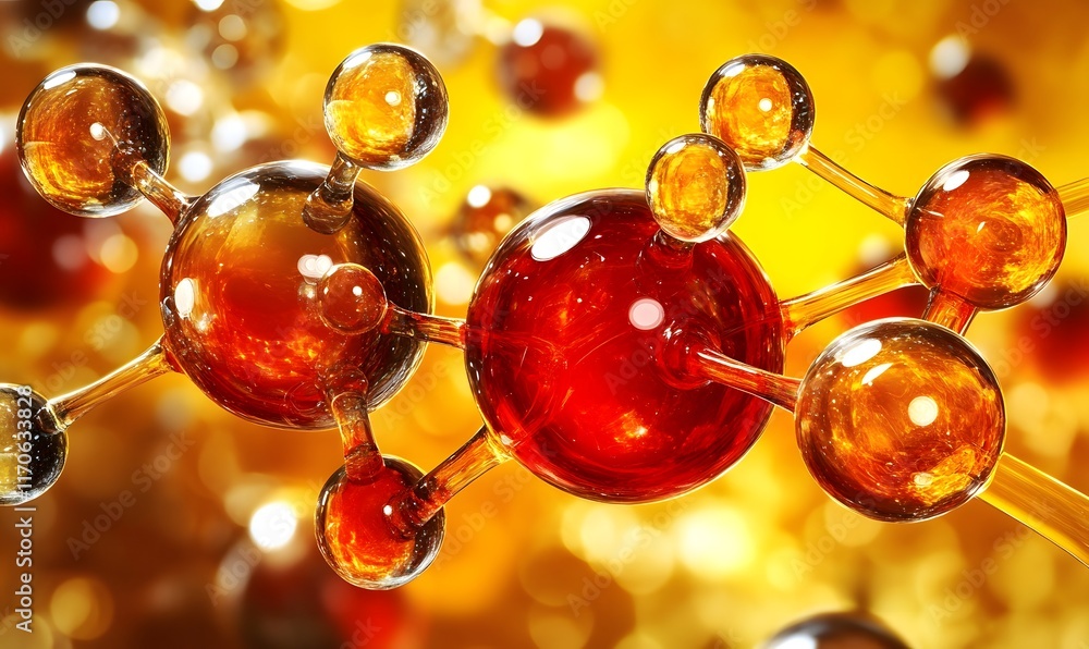 Poster abstract 3d rendering of molecule structure with orange and red spheres.