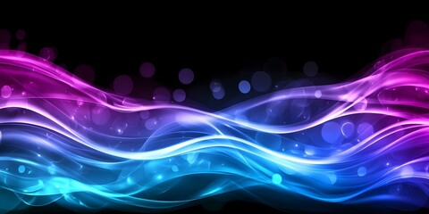 Naklejka premium A vibrant abstract design featuring flowing waves in shades of pink and blue against a black background, with glowing orbs. Concept Vibrant Abstract Art, Flowing Waves, Pink and Blue Color Palette