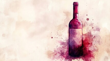 Watercolor painting of a red wine bottle with blank label.