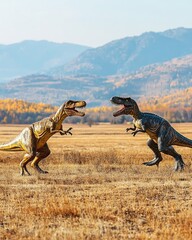 Fototapeta premium Two dinosaur sculptures interact in a scenic outdoor setting with mountains in the background.