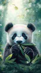 Obraz premium A cute panda munching on bamboo in a serene forest setting.