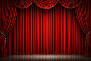 Fototapeta premium Luxurious red stage curtains with detailed folds and tassels, closed against a wooden floor background. Symbolizing theater or performance concepts. Ai generative