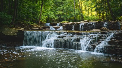 Obraz premium Serene Waterfall Cascades Through Lush Forest Landscape