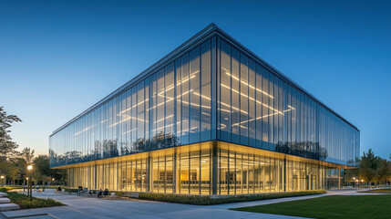 Modern glass building at dusk, showcasing illuminated interior spaces and landscaping.